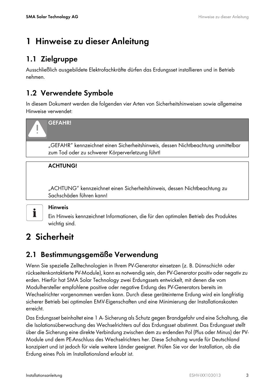 1 hinweise zu dieser anleitung, 1 zielgruppe, 2 verwendete symbole | 2 sicherheit, 1 bestimmungsgemäße verwendung | SMA ESHV-P-NR User Manual | Page 3 / 100