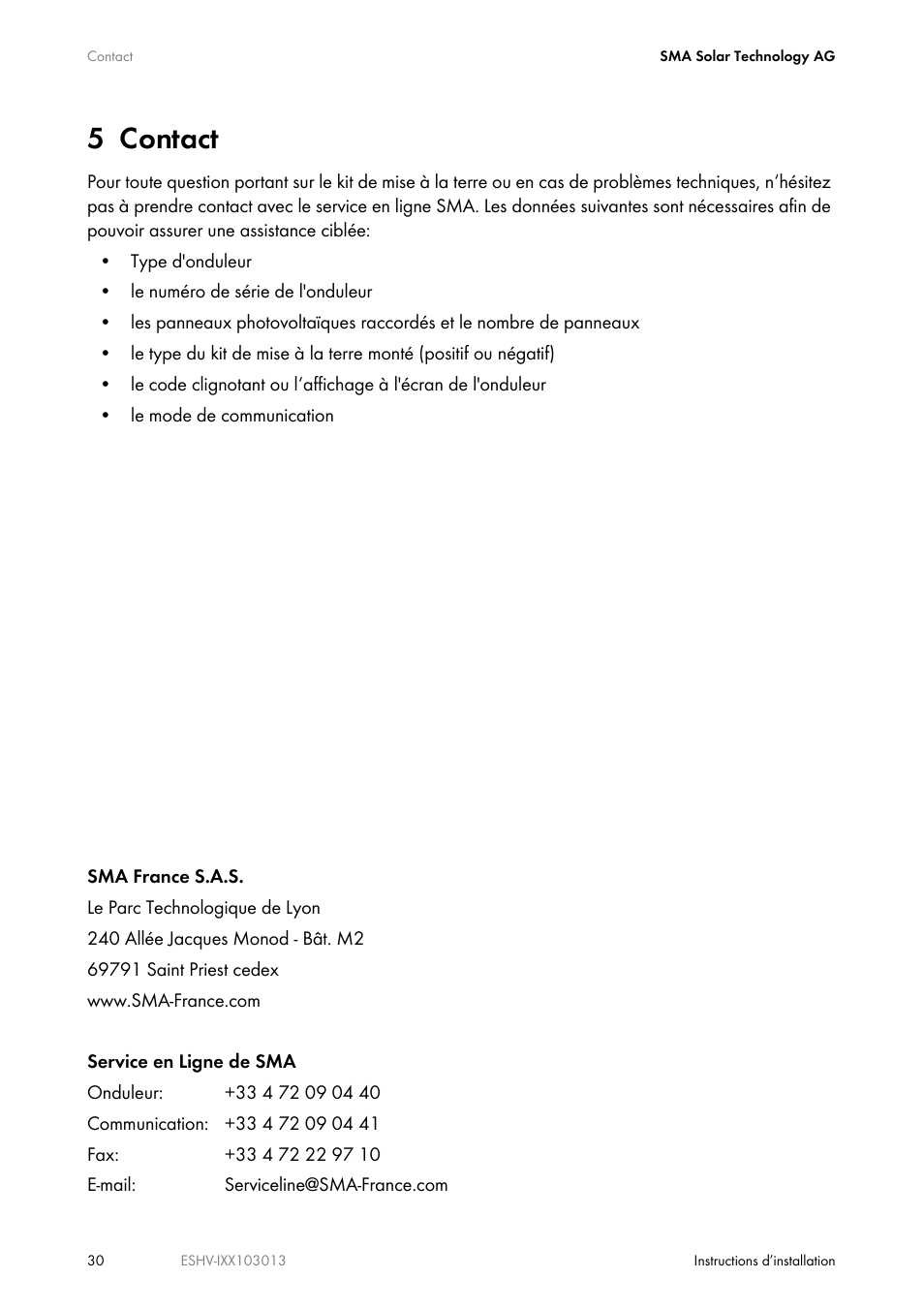 5 contact | SMA ESHV-P-NR User Manual | Page 30 / 100