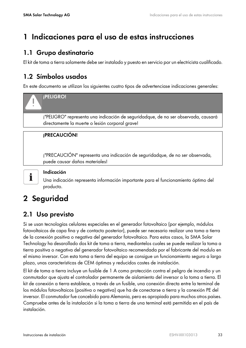 1 indicaciones para el uso de estas instrucciones, 1 grupo destinatario, 2 símbolos usados | 2 seguridad, 1 uso previsto | SMA ESHV-P-NR User Manual | Page 33 / 100