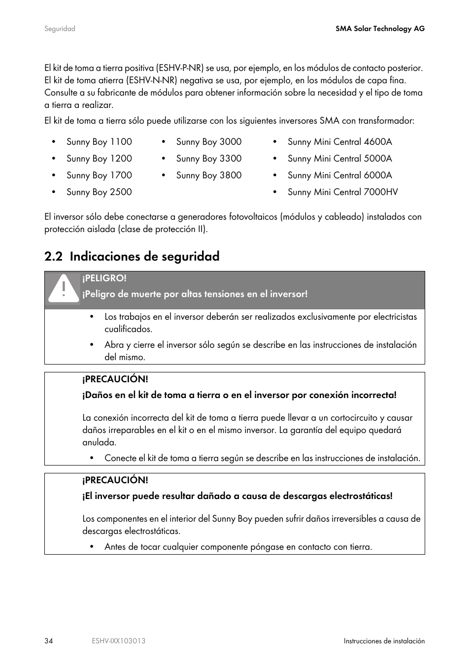 2 indicaciones de seguridad | SMA ESHV-P-NR User Manual | Page 34 / 100