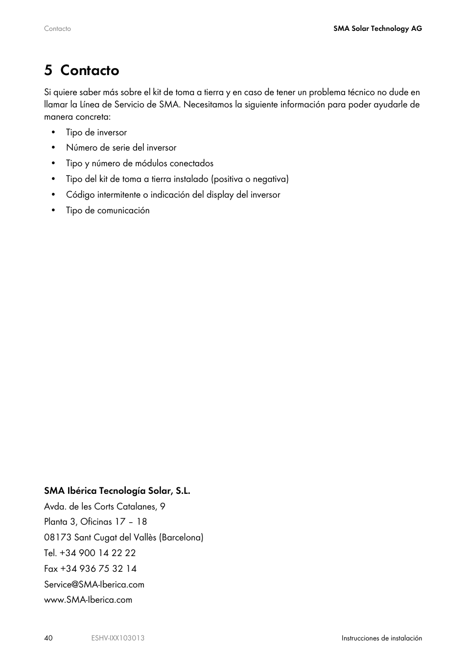 5 contacto | SMA ESHV-P-NR User Manual | Page 40 / 100