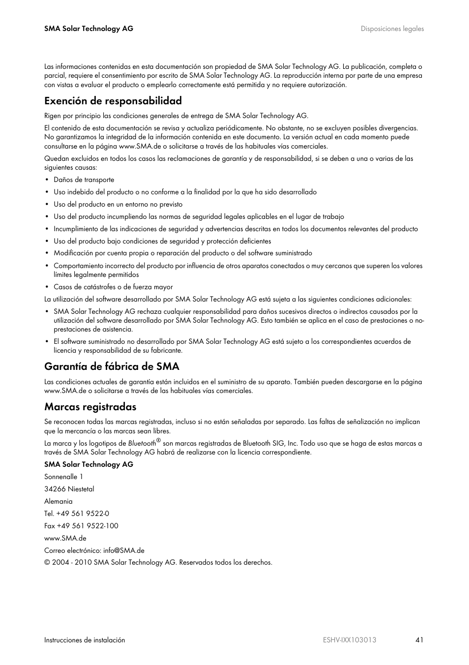 Exención de responsabilidad, Garantía de fábrica de sma, Marcas registradas | SMA ESHV-P-NR User Manual | Page 41 / 100