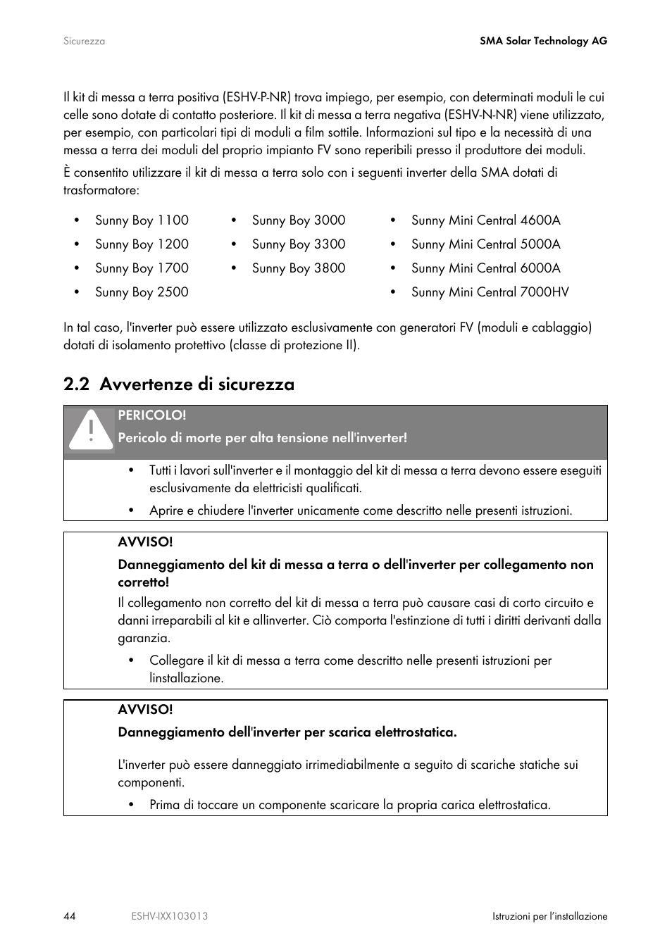 2 avvertenze di sicurezza | SMA ESHV-P-NR User Manual | Page 44 / 100