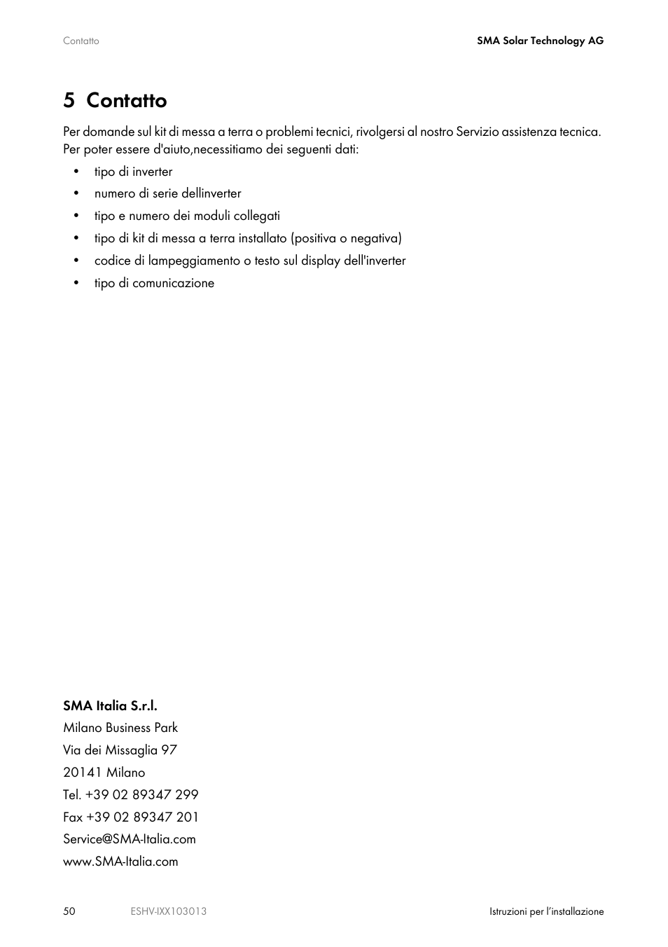 5 contatto | SMA ESHV-P-NR User Manual | Page 50 / 100