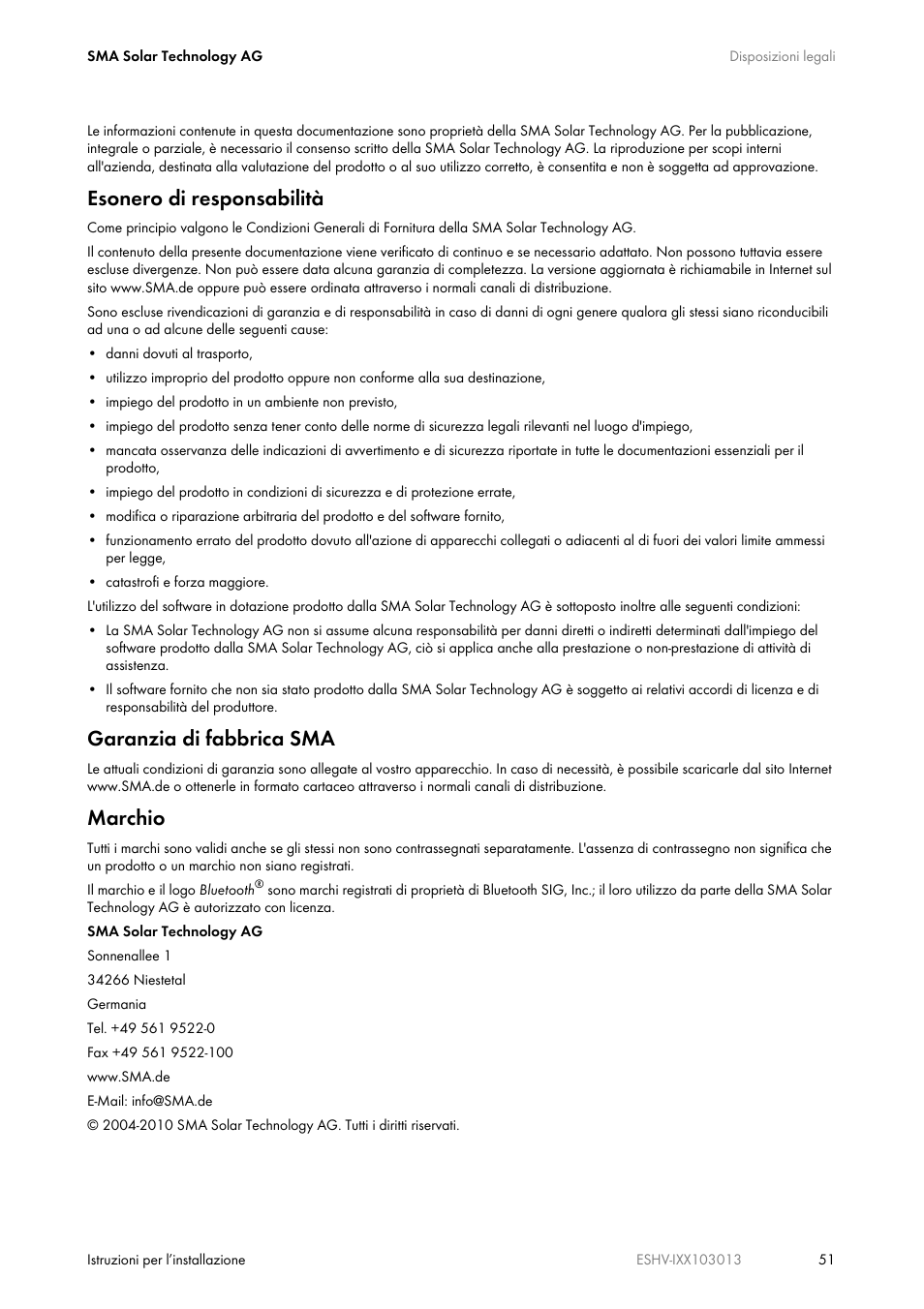 Esonero di responsabilità, Garanzia di fabbrica sma, Marchio | SMA ESHV-P-NR User Manual | Page 51 / 100