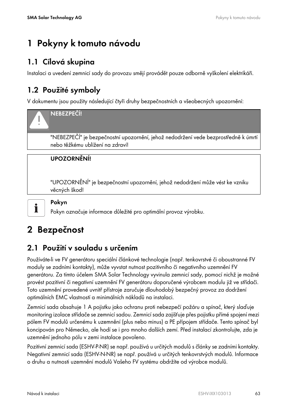 1 pokyny k tomuto návodu, 1 cílová skupina, 2 použité symboly | 2 bezpečnost, 1 použití v souladu s určením | SMA ESHV-P-NR User Manual | Page 63 / 100