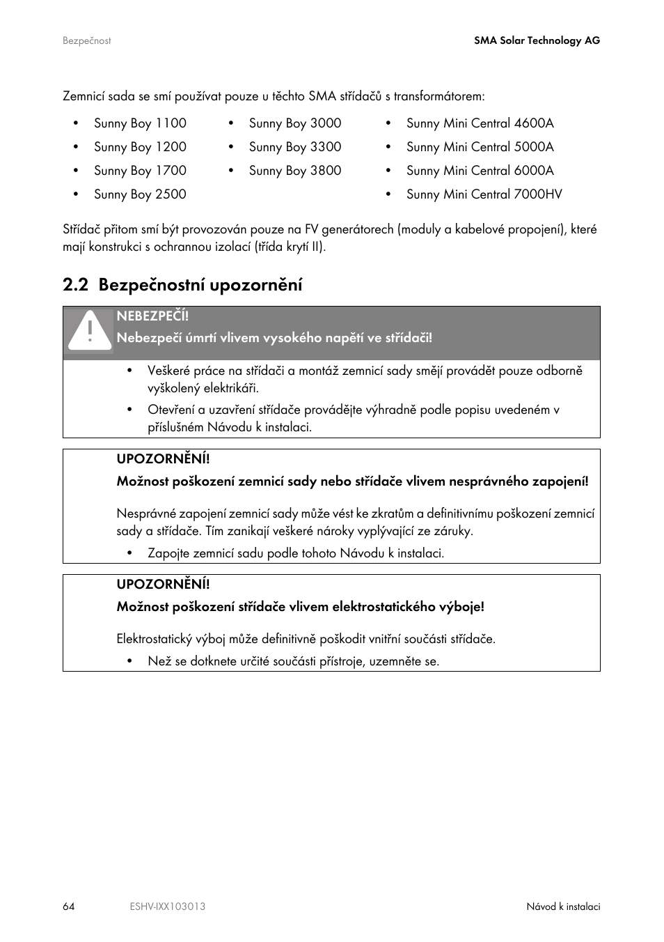 2 bezpečnostní upozornění | SMA ESHV-P-NR User Manual | Page 64 / 100