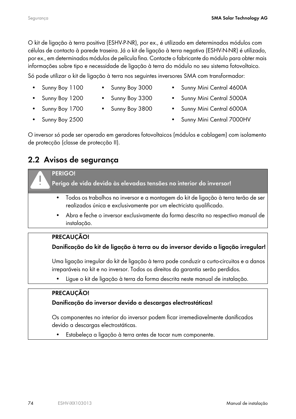 2 avisos de segurança | SMA ESHV-P-NR User Manual | Page 74 / 100