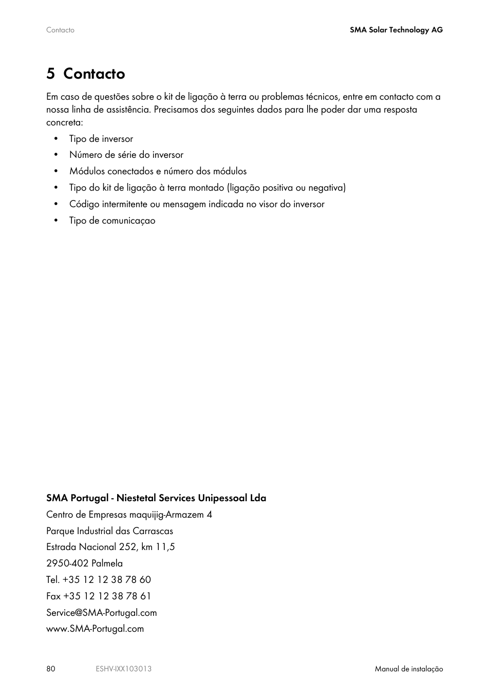 5 contacto | SMA ESHV-P-NR User Manual | Page 80 / 100