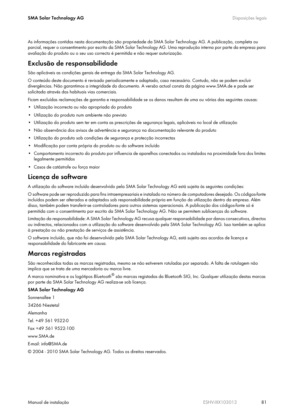 Exclusão de responsabilidade, Licença de software, Marcas registradas | SMA ESHV-P-NR User Manual | Page 81 / 100