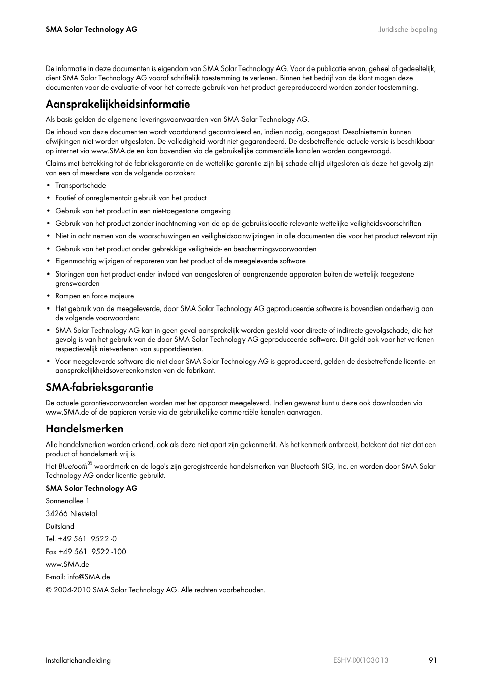 Aansprakelijkheidsinformatie, Sma-fabrieksgarantie, Handelsmerken | SMA ESHV-P-NR User Manual | Page 91 / 100