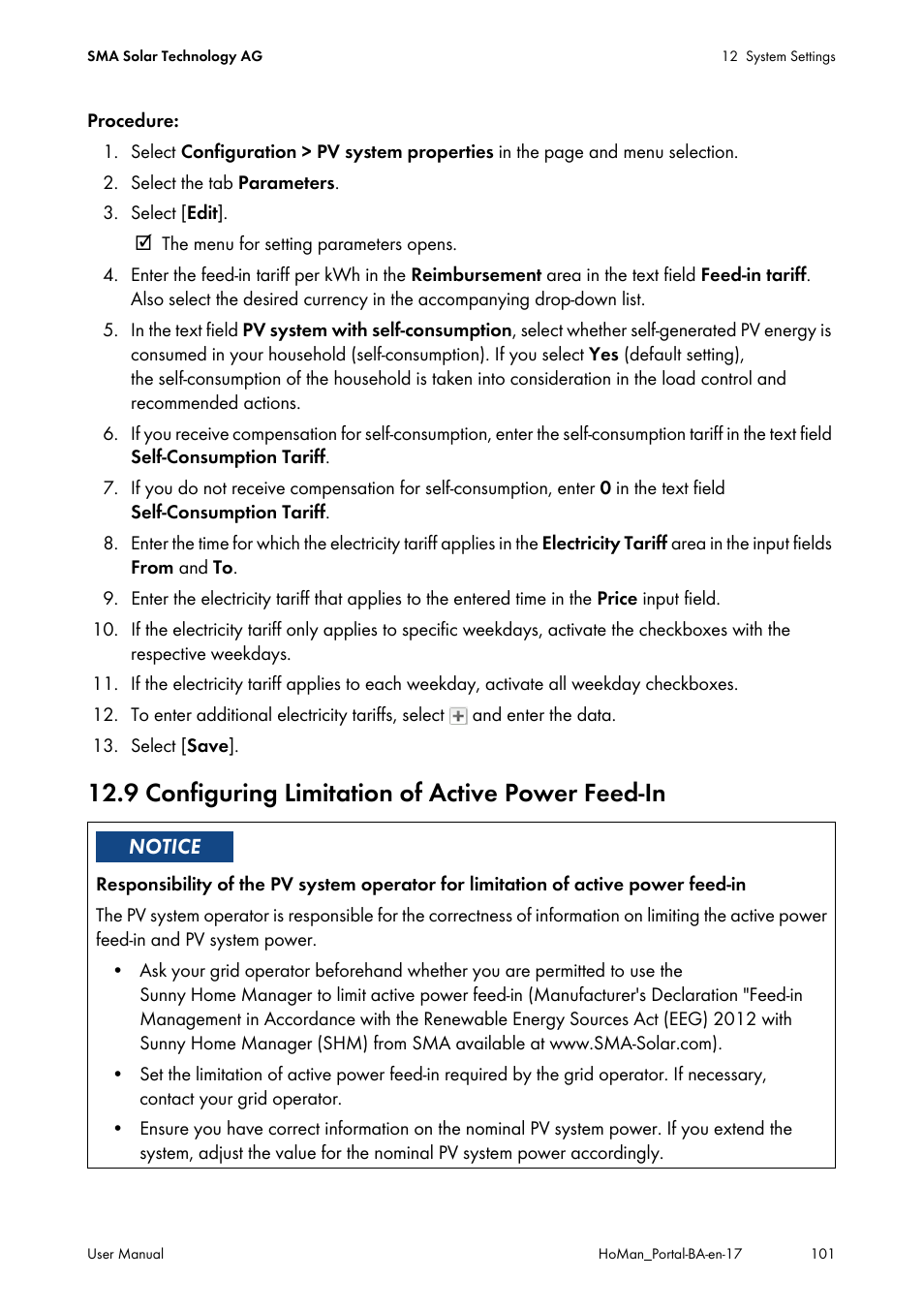 9 configuring limitation of active power feed-in | SMA SUNNY HOME MANAGER User Manual | Page 101 / 132