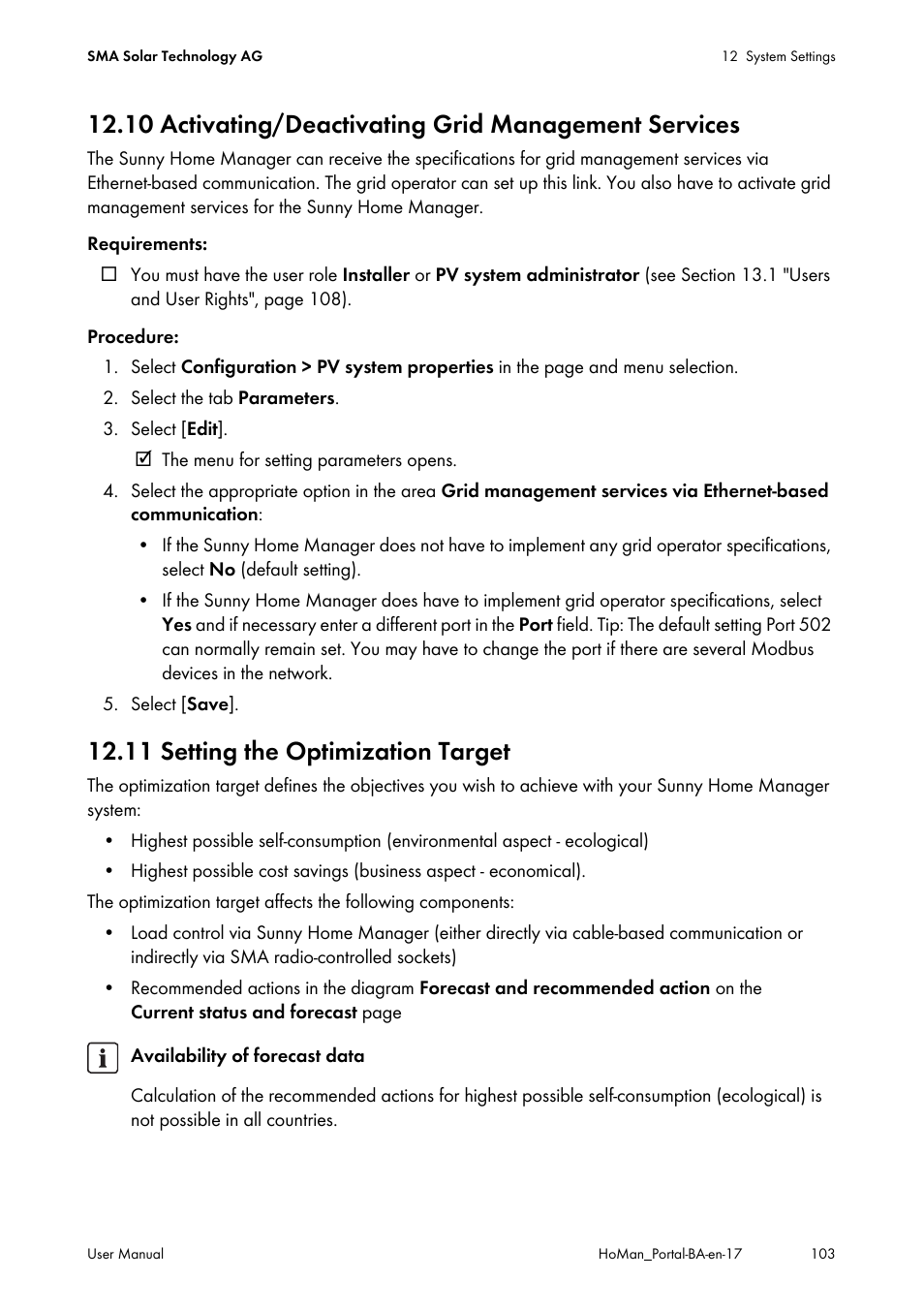 11 setting the optimization target | SMA SUNNY HOME MANAGER User Manual | Page 103 / 132