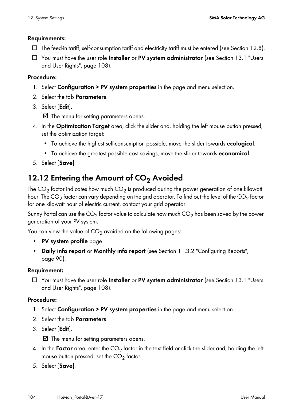 12 entering the amount of co2 avoided, 12 entering the amount of co, Ion 12.12 | See section 12.12 "entering the amount of co, Avoided | SMA SUNNY HOME MANAGER User Manual | Page 104 / 132