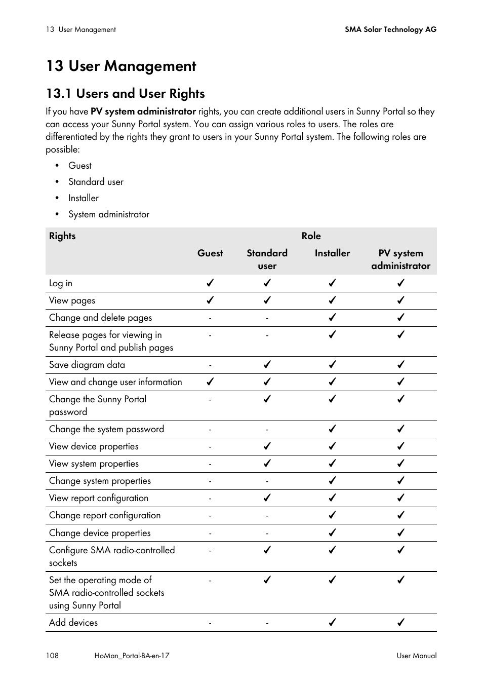 13 user management, 1 users and user rights, See section 13 "user | See section 13.1 "users, See section 13.1, See section 13.1 "users and user | SMA SUNNY HOME MANAGER User Manual | Page 108 / 132