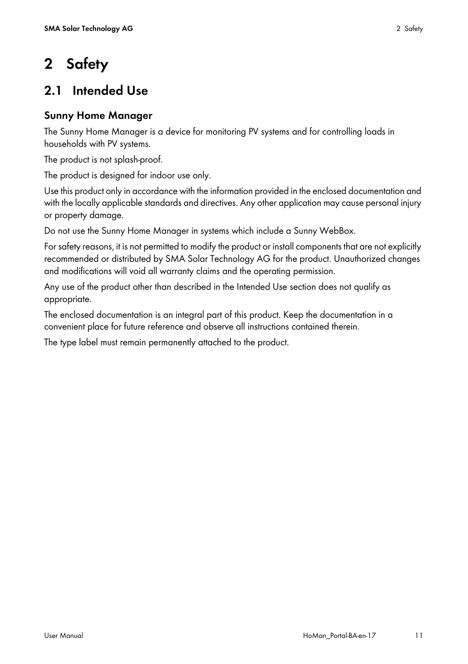 2 safety, 1 intended use | SMA SUNNY HOME MANAGER User Manual | Page 11 / 132