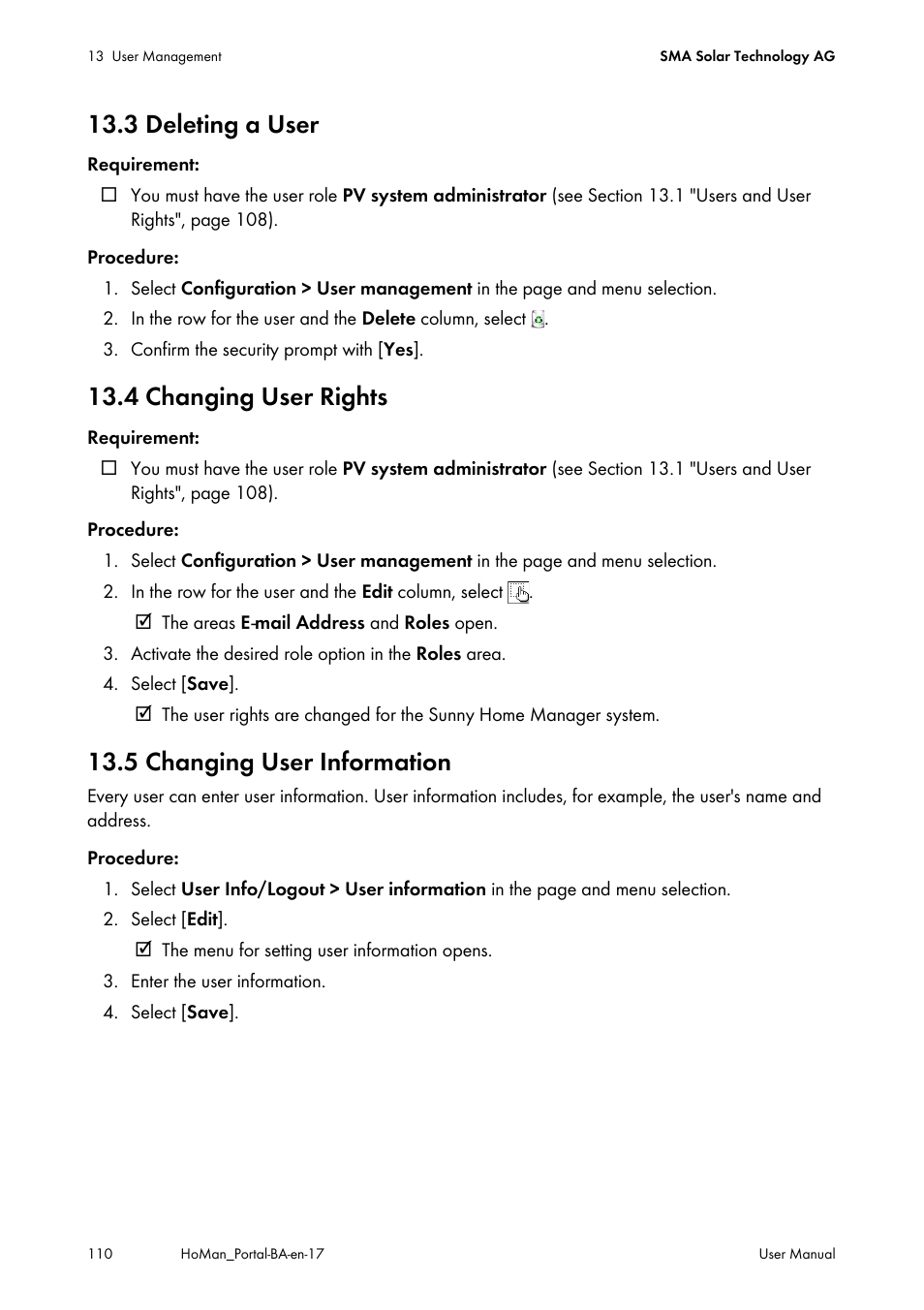 3 deleting a user, 4 changing user rights, 5 changing user information | SMA SUNNY HOME MANAGER User Manual | Page 110 / 132