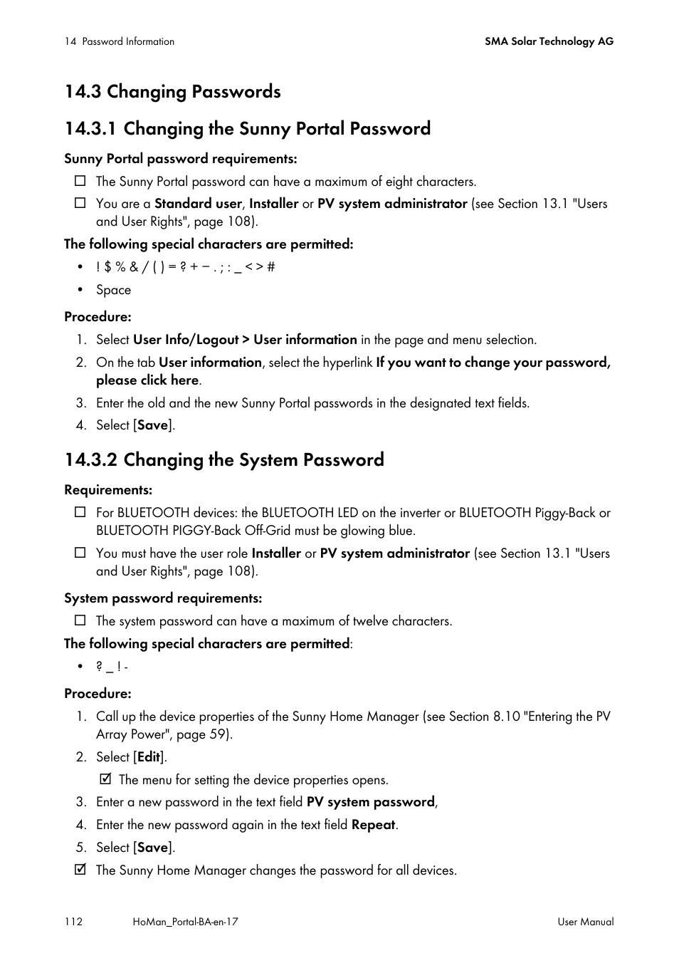 3 changing passwords, 1 changing the sunny portal password, 2 changing the system password | SMA SUNNY HOME MANAGER User Manual | Page 112 / 132