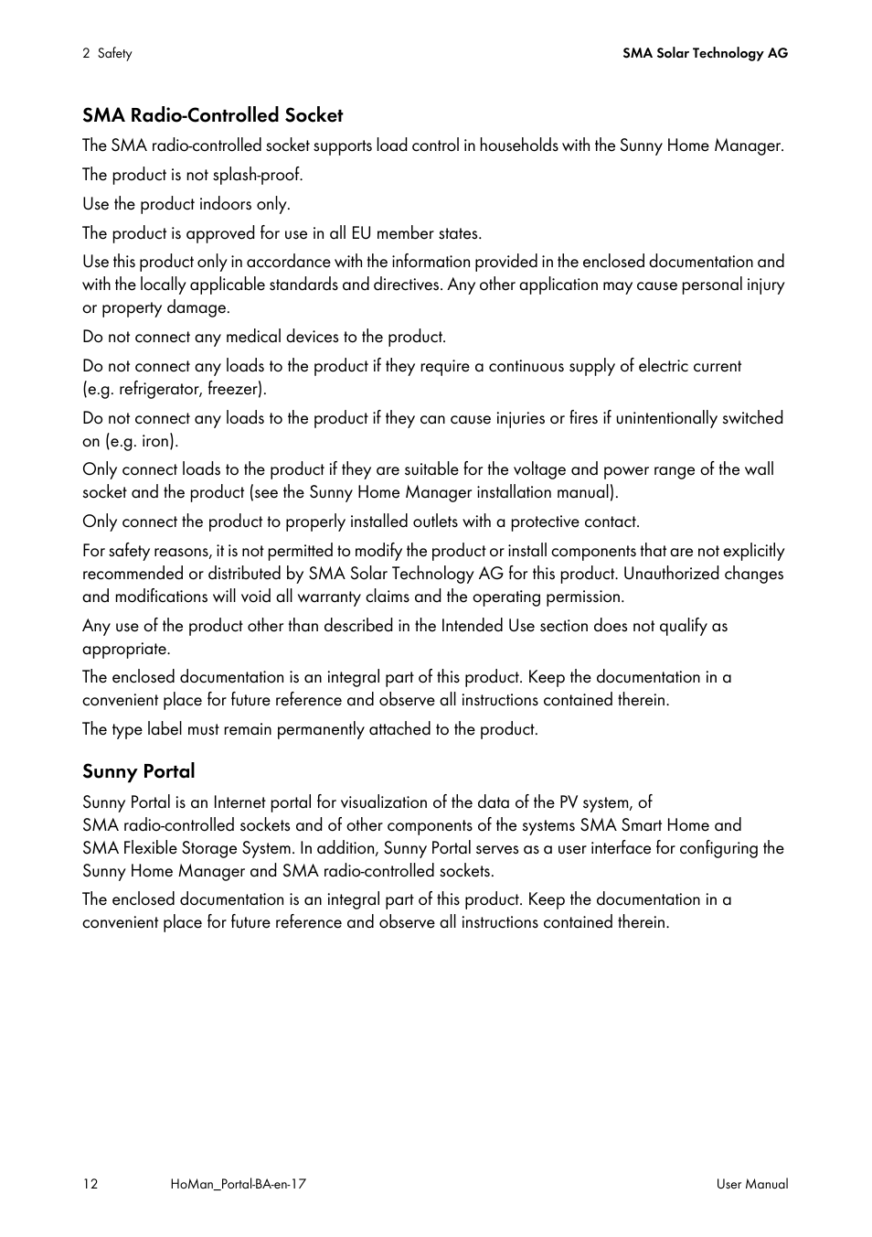 Sma radio-controlled socket, Sunny portal | SMA SUNNY HOME MANAGER User Manual | Page 12 / 132