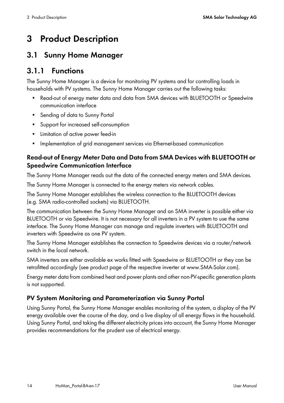 3 product description, 1 sunny home manager, 1 functions | 1 sunny home manager 3.1.1 functions | SMA SUNNY HOME MANAGER User Manual | Page 14 / 132