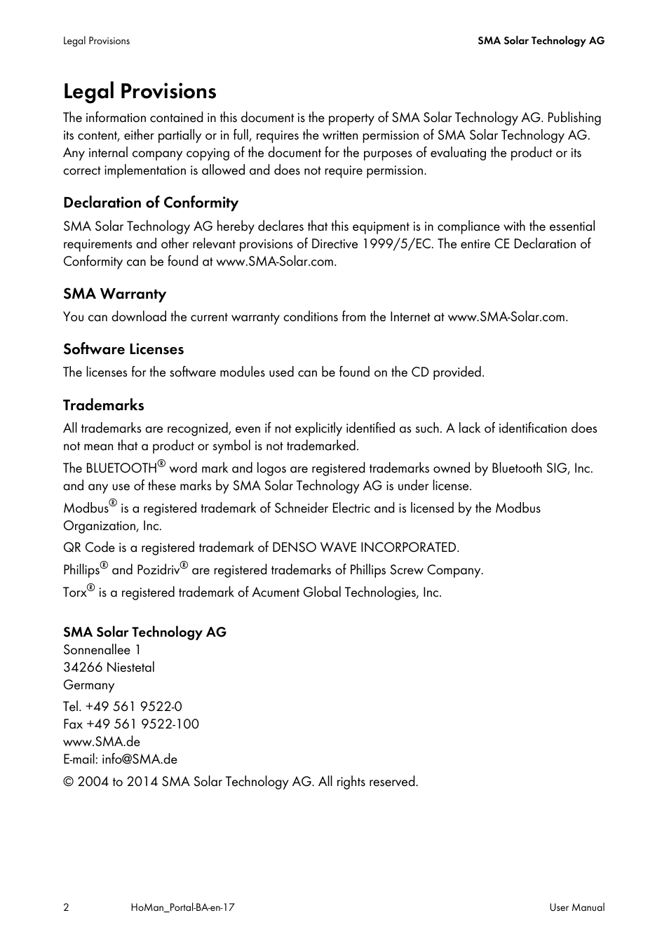 Legal provisions | SMA SUNNY HOME MANAGER User Manual | Page 2 / 132