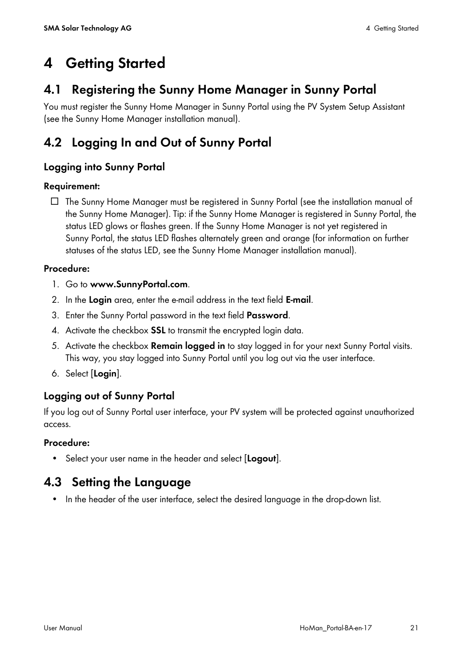 4 getting started, 2 logging in and out of sunny portal, 3 setting the language | SMA SUNNY HOME MANAGER User Manual | Page 21 / 132