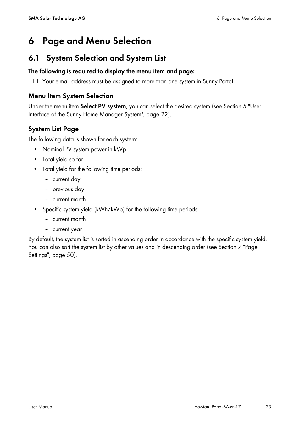 1 system selection and system list, 6 page and menu selection | SMA SUNNY HOME MANAGER User Manual | Page 23 / 132