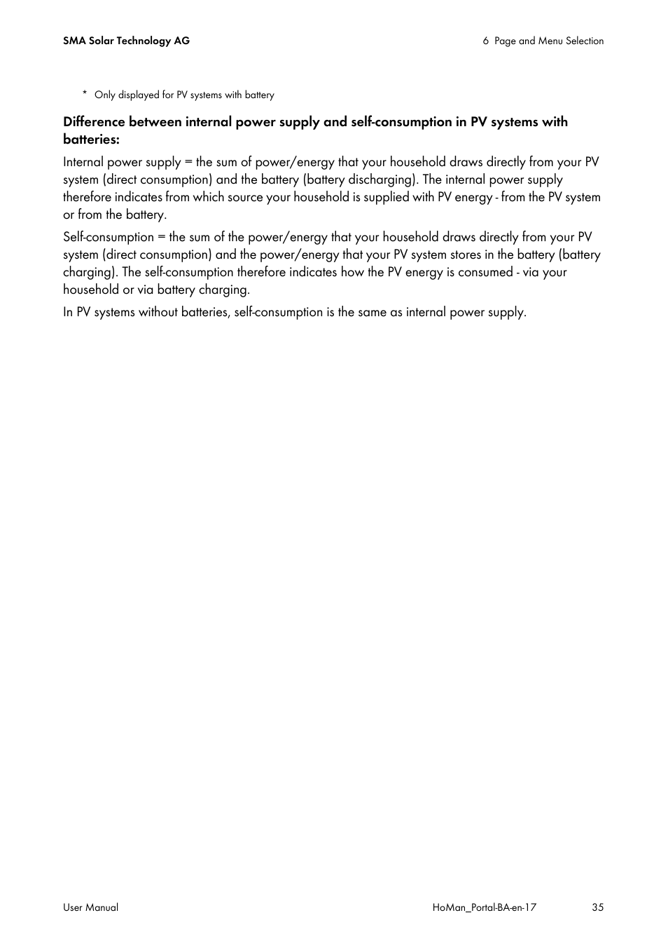Battery discharging *: e, A *: ratio of direct consump, Battery discharging *: total amount of energy | On *: total amount of, Total energy stored by yo | SMA SUNNY HOME MANAGER User Manual | Page 35 / 132