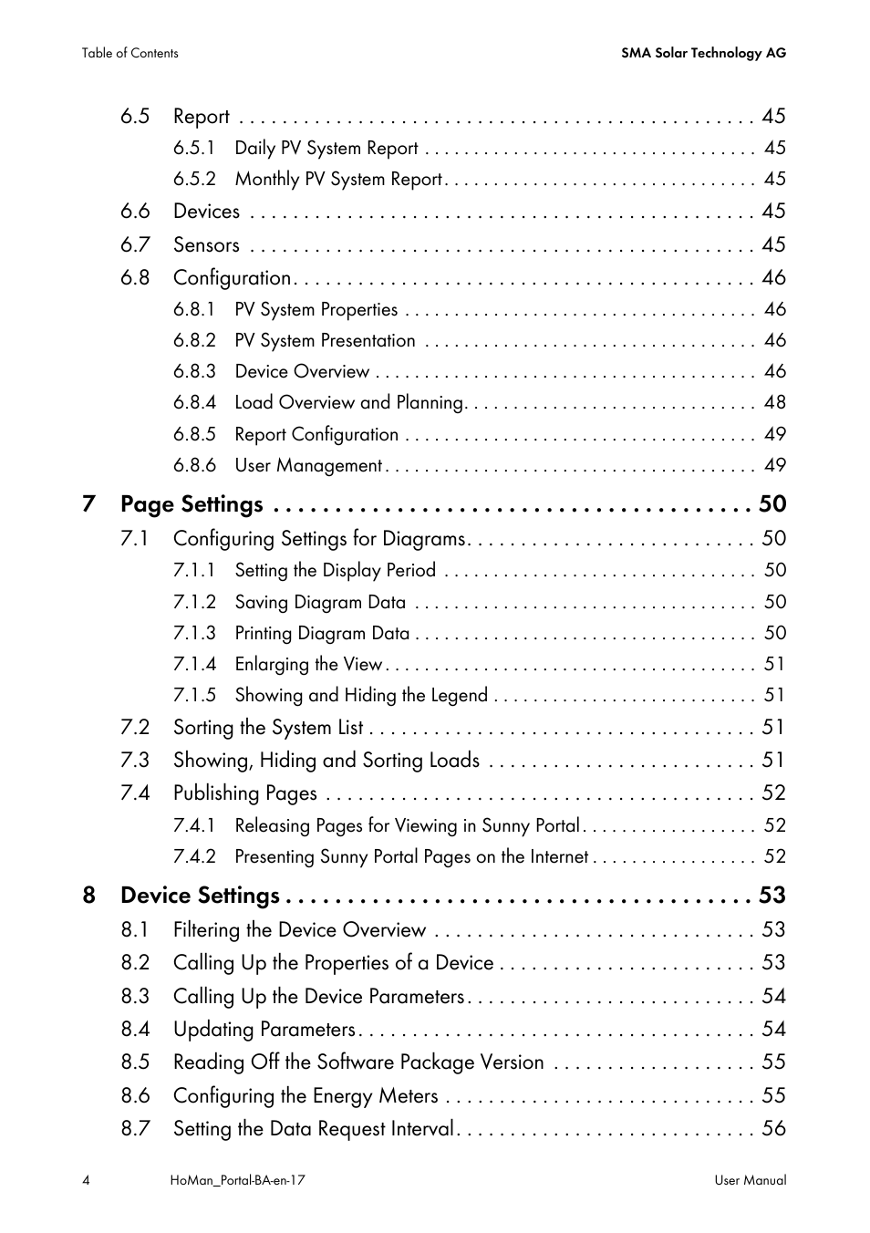 7 page settings, 8 device settings | SMA SUNNY HOME MANAGER User Manual | Page 4 / 132