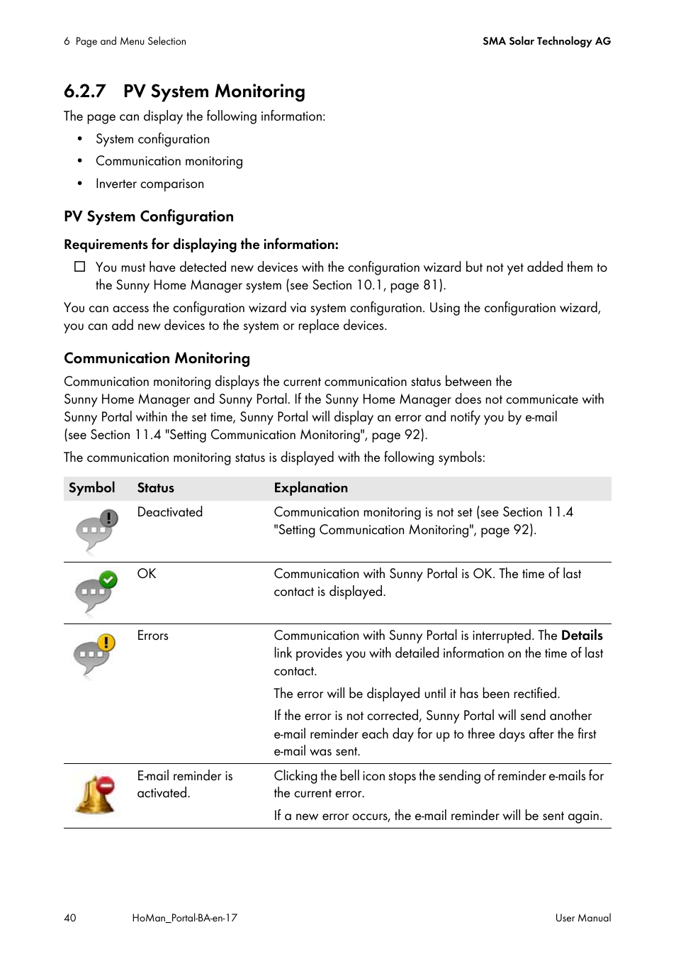 7 pv system monitoring | SMA SUNNY HOME MANAGER User Manual | Page 40 / 132