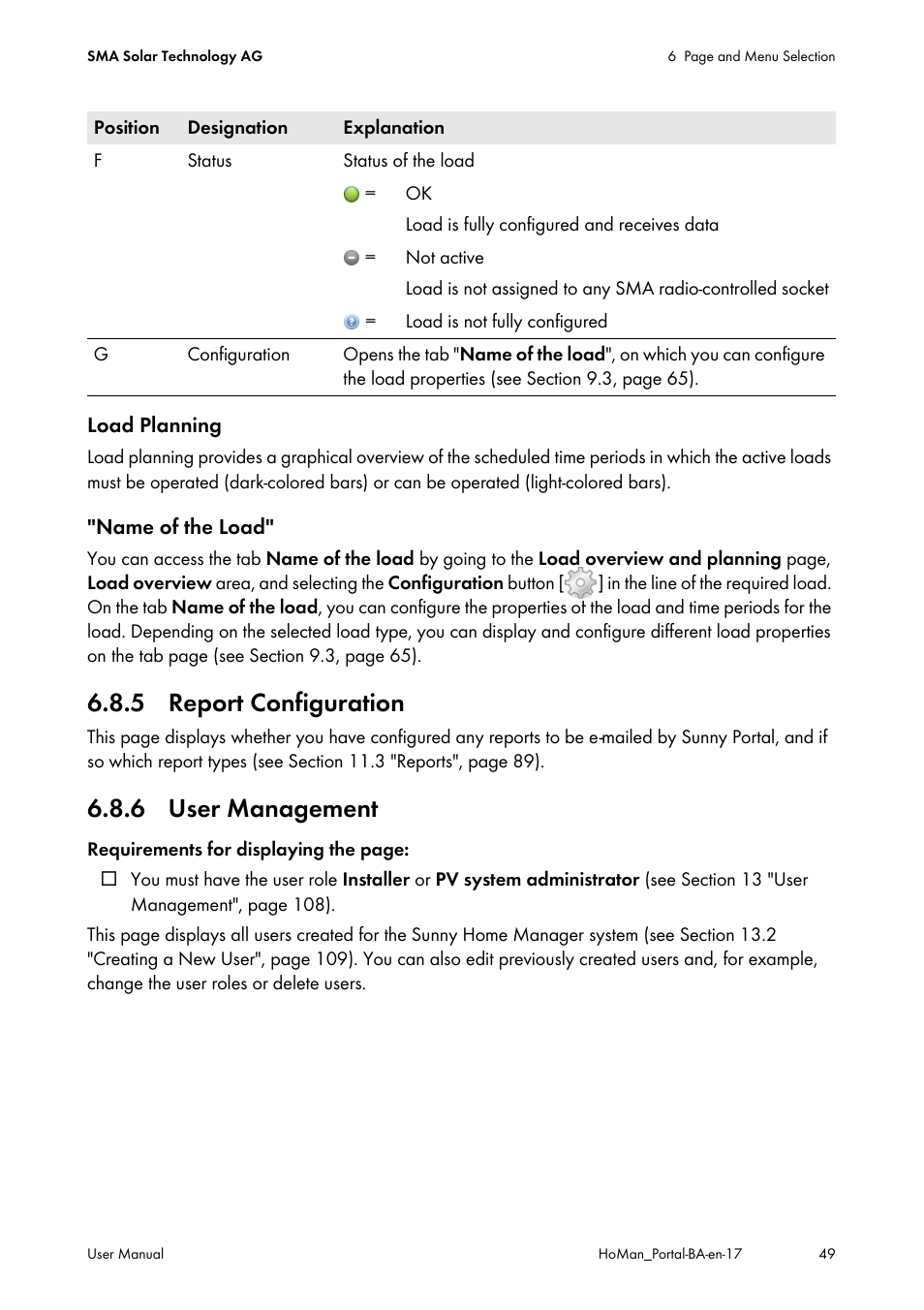 5 report configuration, 6 user management, 5 report configuration 6.8.6 user management | SMA SUNNY HOME MANAGER User Manual | Page 49 / 132