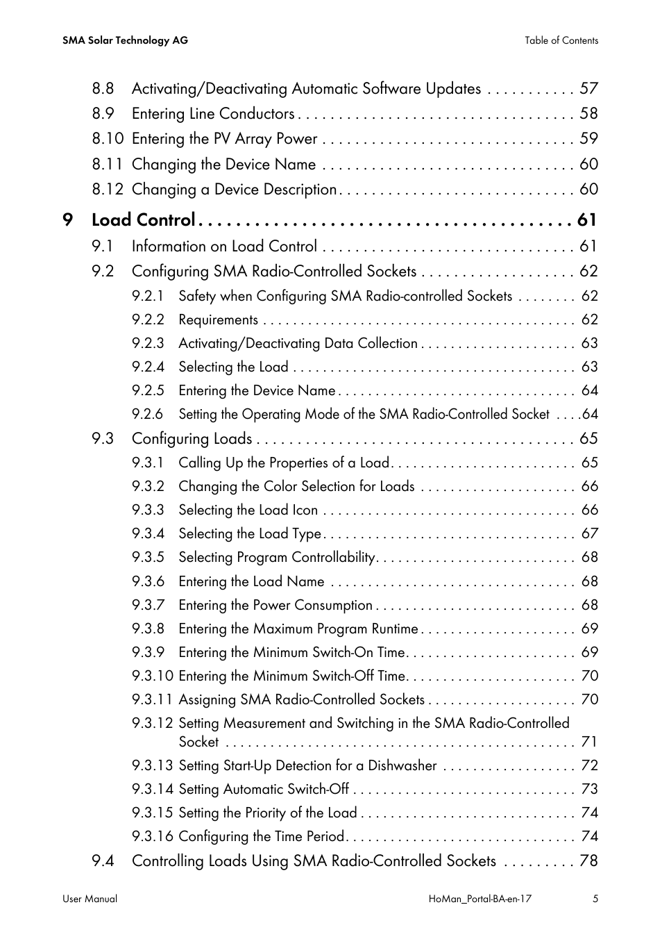 9 load control, 3 configuring loads | SMA SUNNY HOME MANAGER User Manual | Page 5 / 132