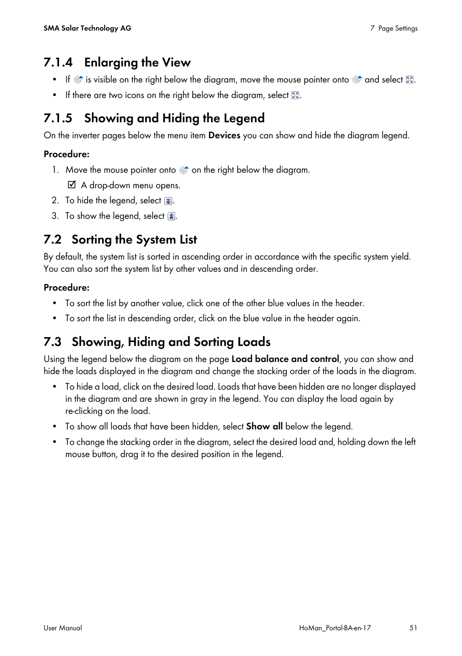4 enlarging the view, 5 showing and hiding the legend, 2 sorting the system list | 3 showing, hiding and sorting loads | SMA SUNNY HOME MANAGER User Manual | Page 51 / 132