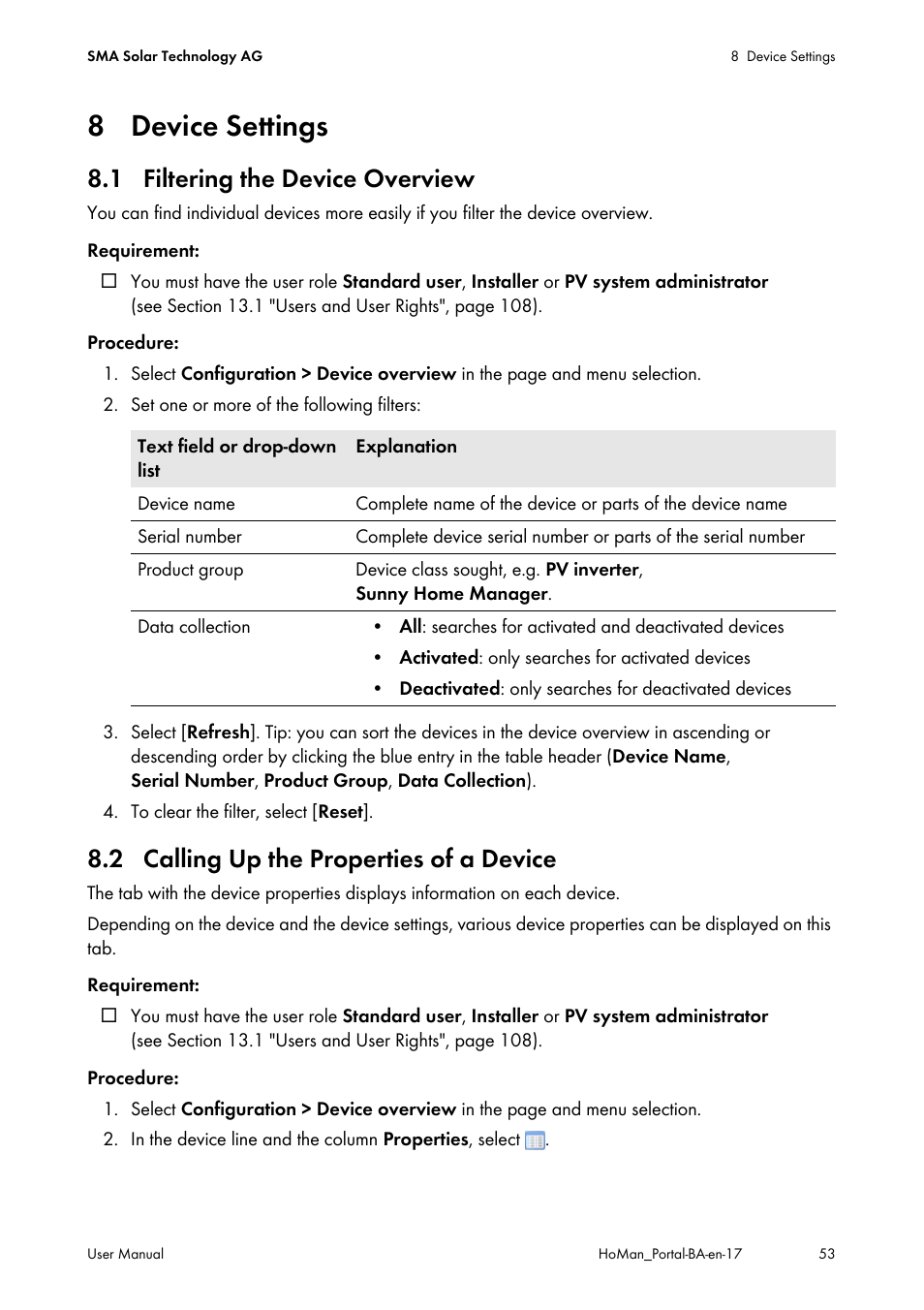 8 device settings, 1 filtering the device overview, 2 calling up the properties of a device | SMA SUNNY HOME MANAGER User Manual | Page 53 / 132