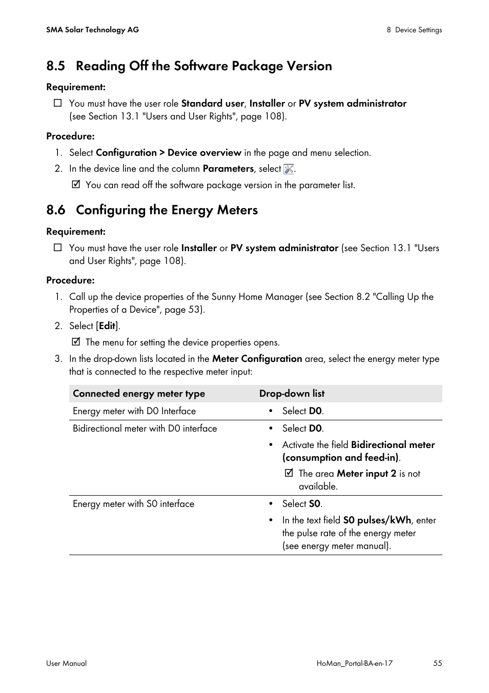 5 reading off the software package version, 6 configuring the energy meters | SMA SUNNY HOME MANAGER User Manual | Page 55 / 132