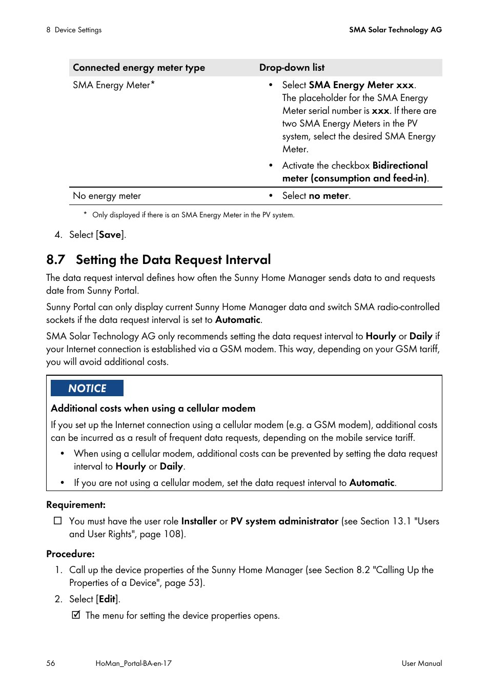 7 setting the data request interval, See section 8.7, Ion 8.7). the | SMA SUNNY HOME MANAGER User Manual | Page 56 / 132