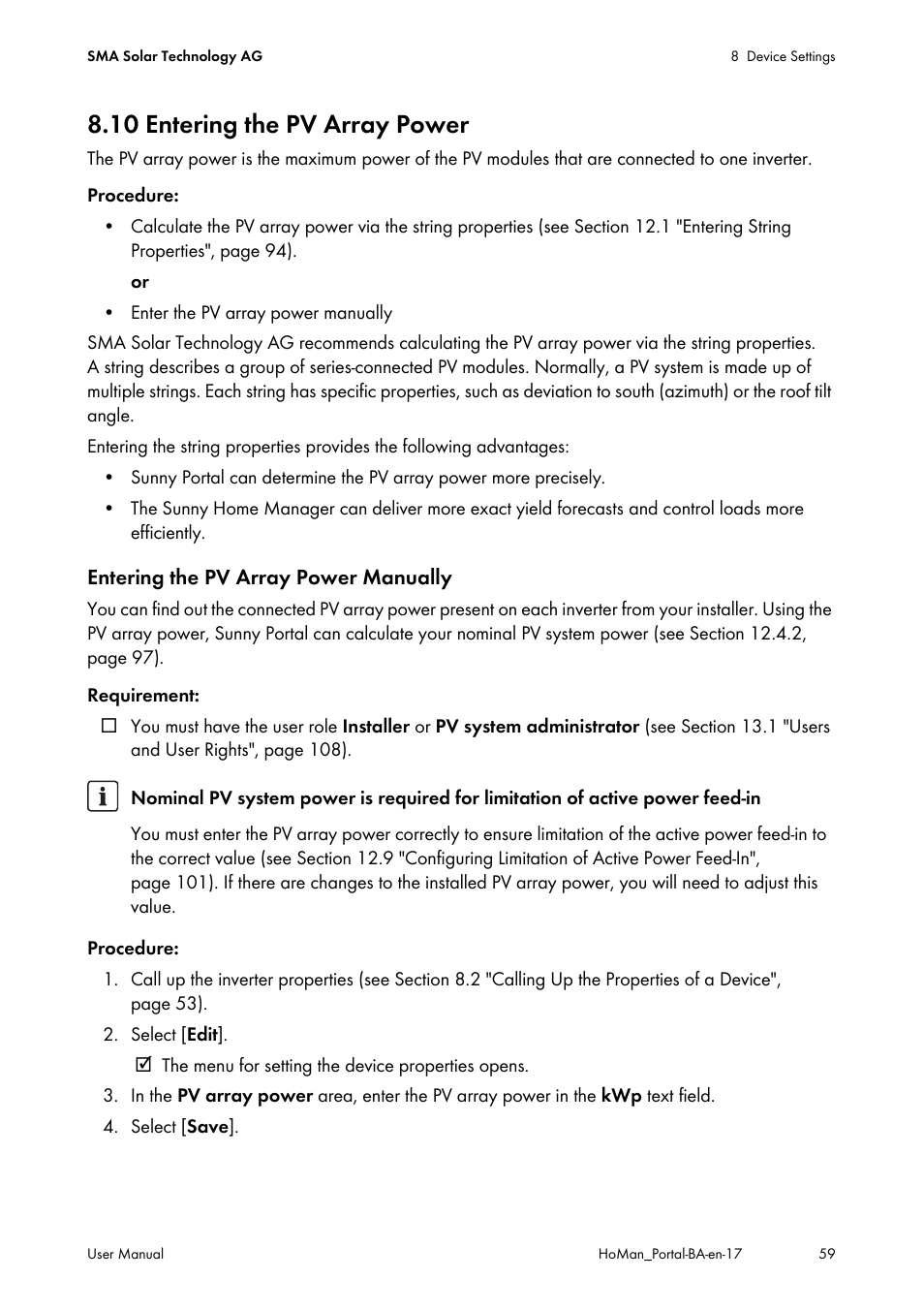 10 entering the pv array power, See section 8.10 | SMA SUNNY HOME MANAGER User Manual | Page 59 / 132