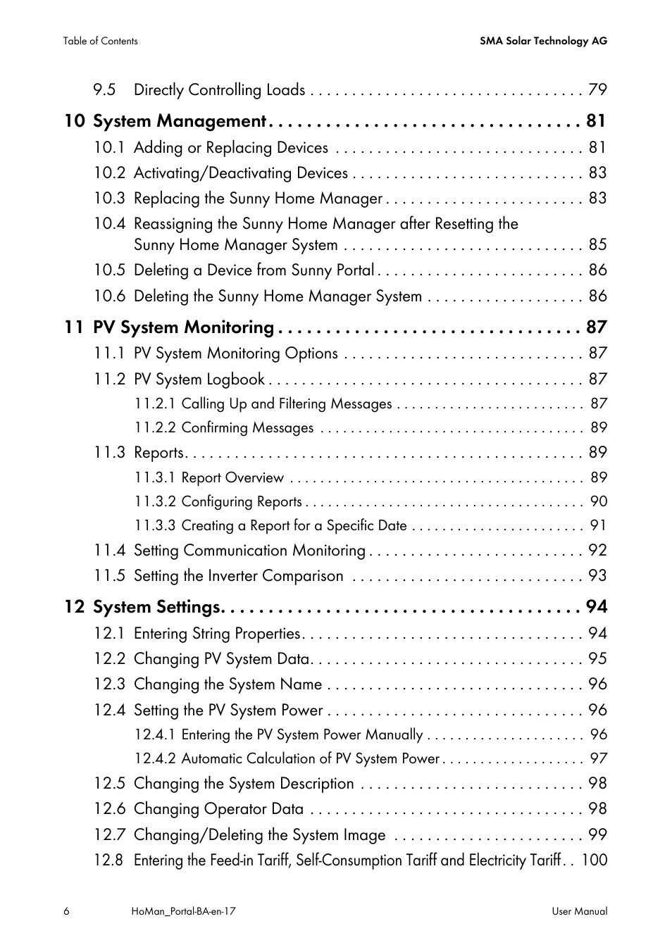 10 system management, 11 pv system monitoring, 12 system settings | SMA SUNNY HOME MANAGER User Manual | Page 6 / 132