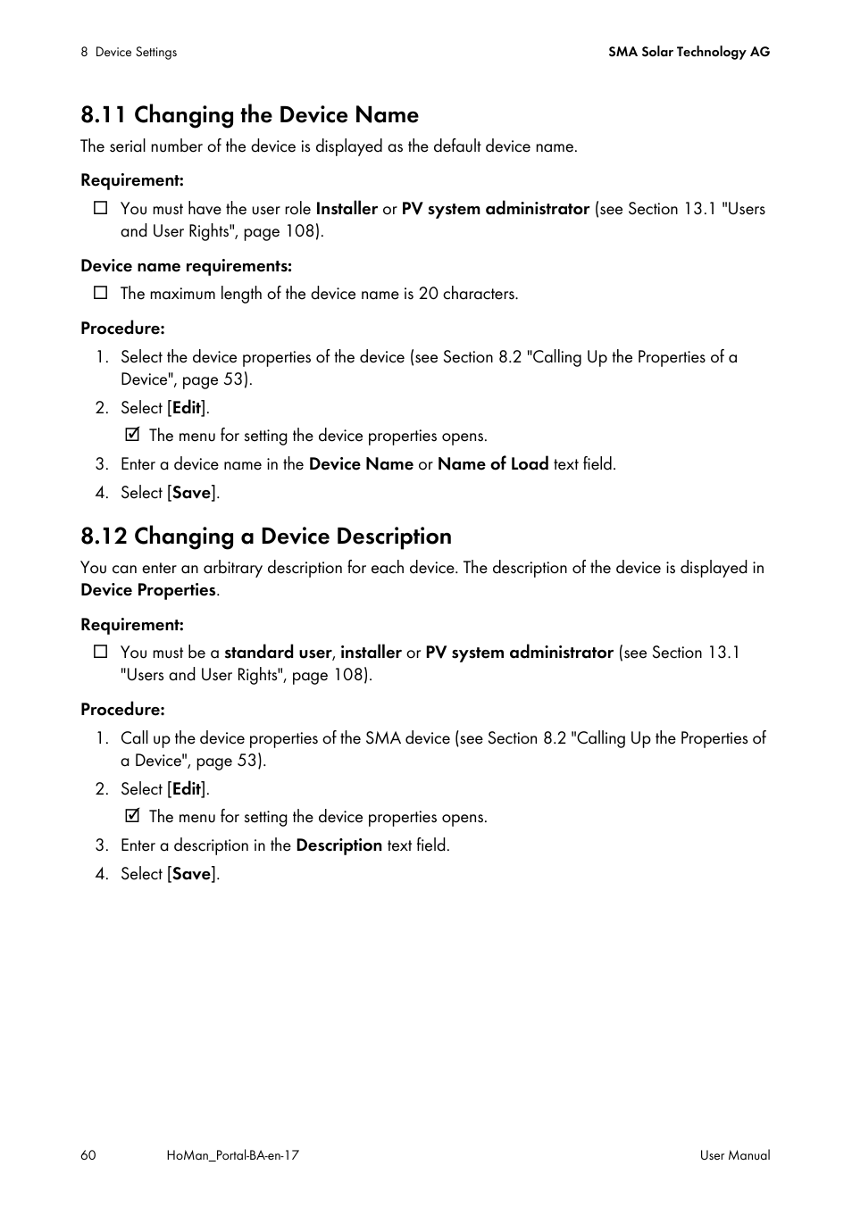 11 changing the device name, 12 changing a device description | SMA SUNNY HOME MANAGER User Manual | Page 60 / 132