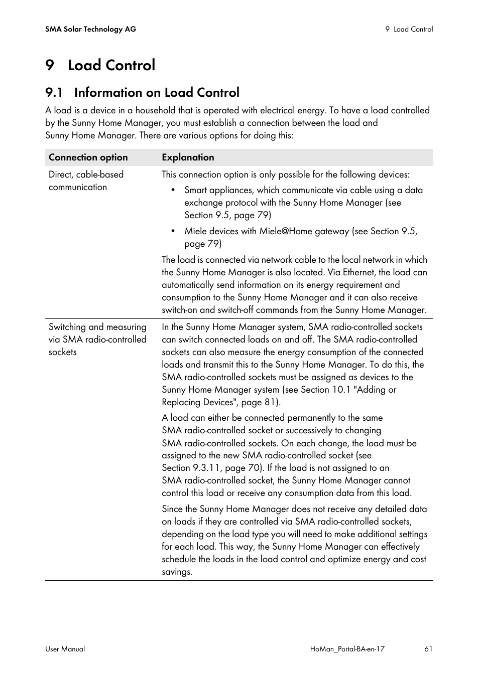 9 load control, 1 information on load control | SMA SUNNY HOME MANAGER User Manual | Page 61 / 132