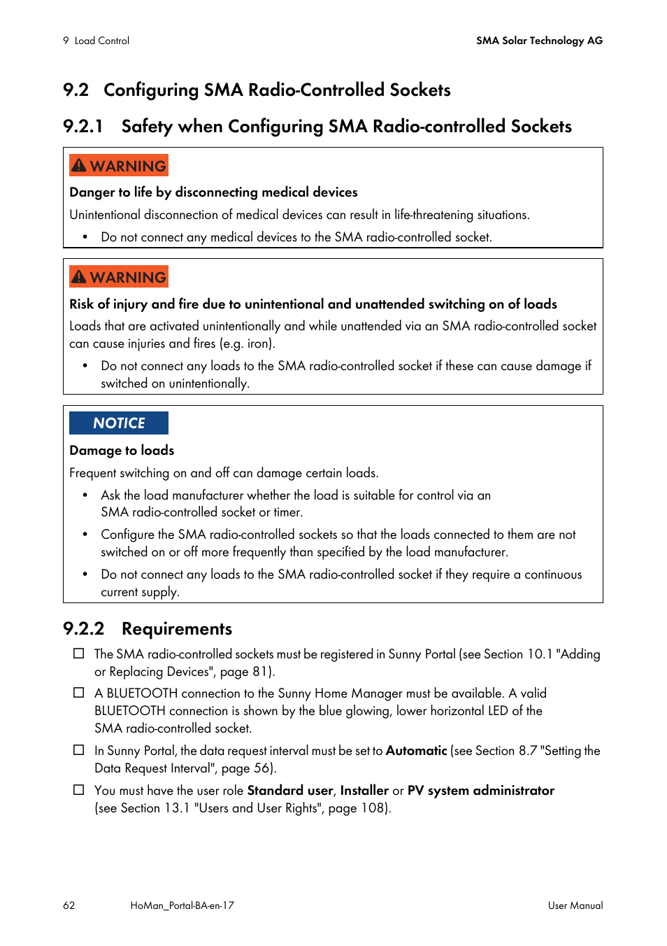 2 configuring sma radio-controlled sockets, 2 requirements, N 9.2 | SMA SUNNY HOME MANAGER User Manual | Page 62 / 132