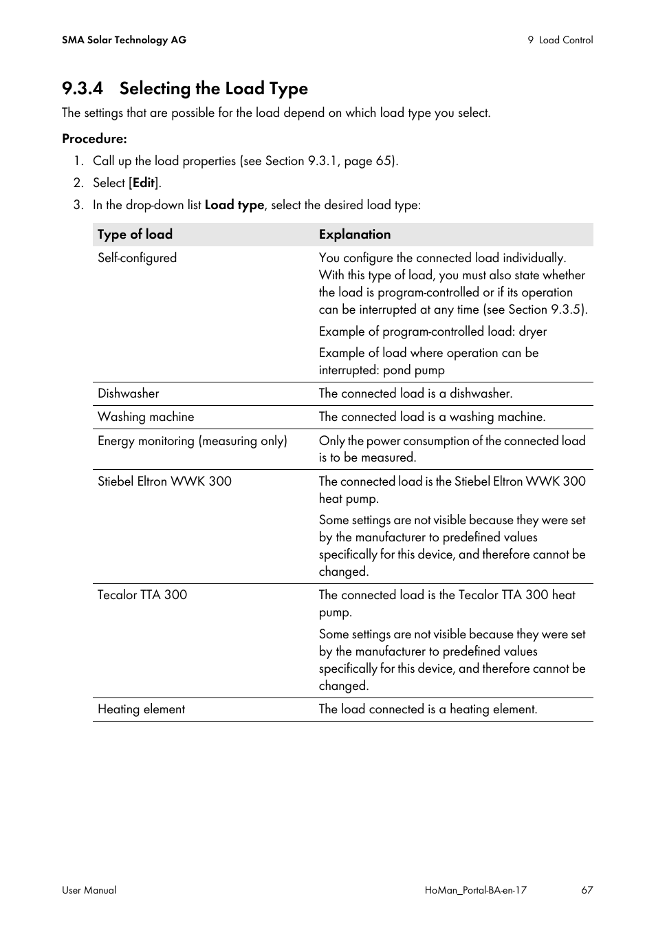 4 selecting the load type | SMA SUNNY HOME MANAGER User Manual | Page 67 / 132