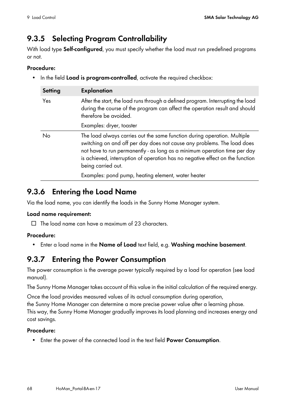 5 selecting program controllability, 6 entering the load name, 7 entering the power consumption | SMA SUNNY HOME MANAGER User Manual | Page 68 / 132