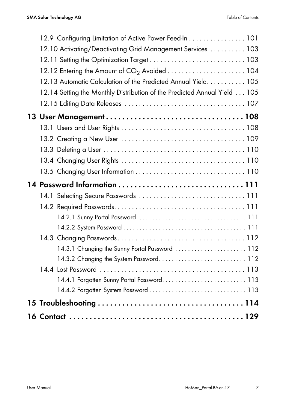13 user management, 14 password information, 15 troubleshooting 16 contact | SMA SUNNY HOME MANAGER User Manual | Page 7 / 132