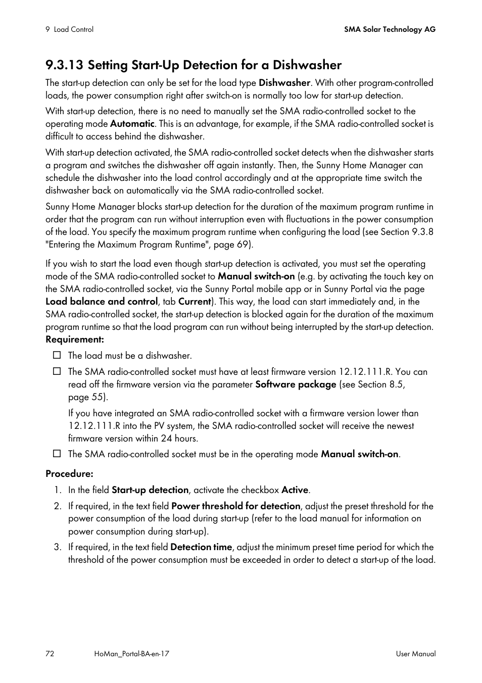 13 setting start-up detection for a dishwasher | SMA SUNNY HOME MANAGER User Manual | Page 72 / 132