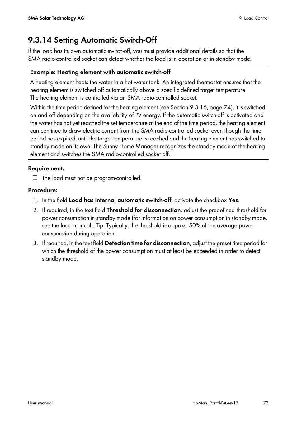 14 setting automatic switch-off | SMA SUNNY HOME MANAGER User Manual | Page 73 / 132