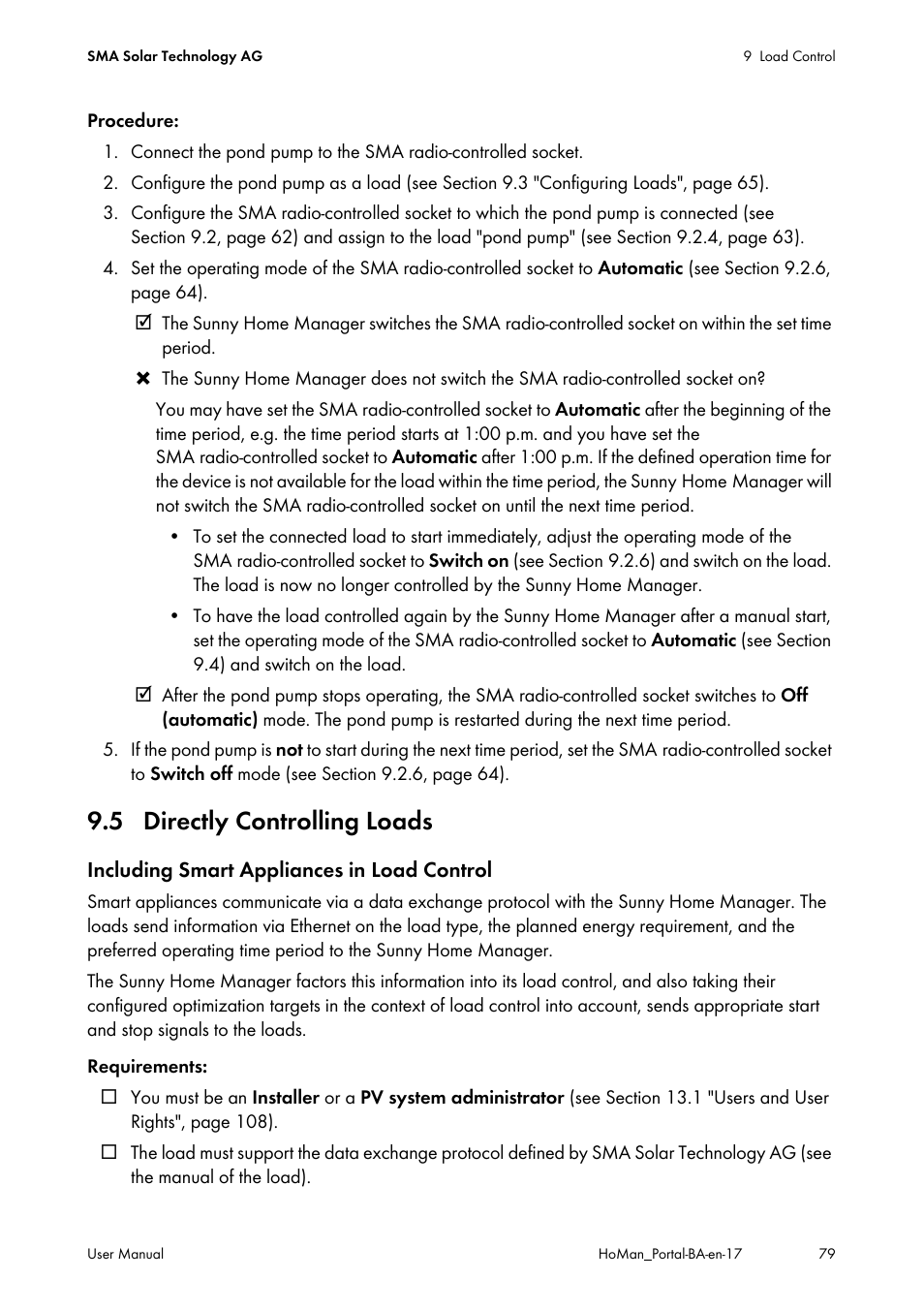 5 directly controlling loads, N 9.5), Eway (see section 9.5 | SMA SUNNY HOME MANAGER User Manual | Page 79 / 132