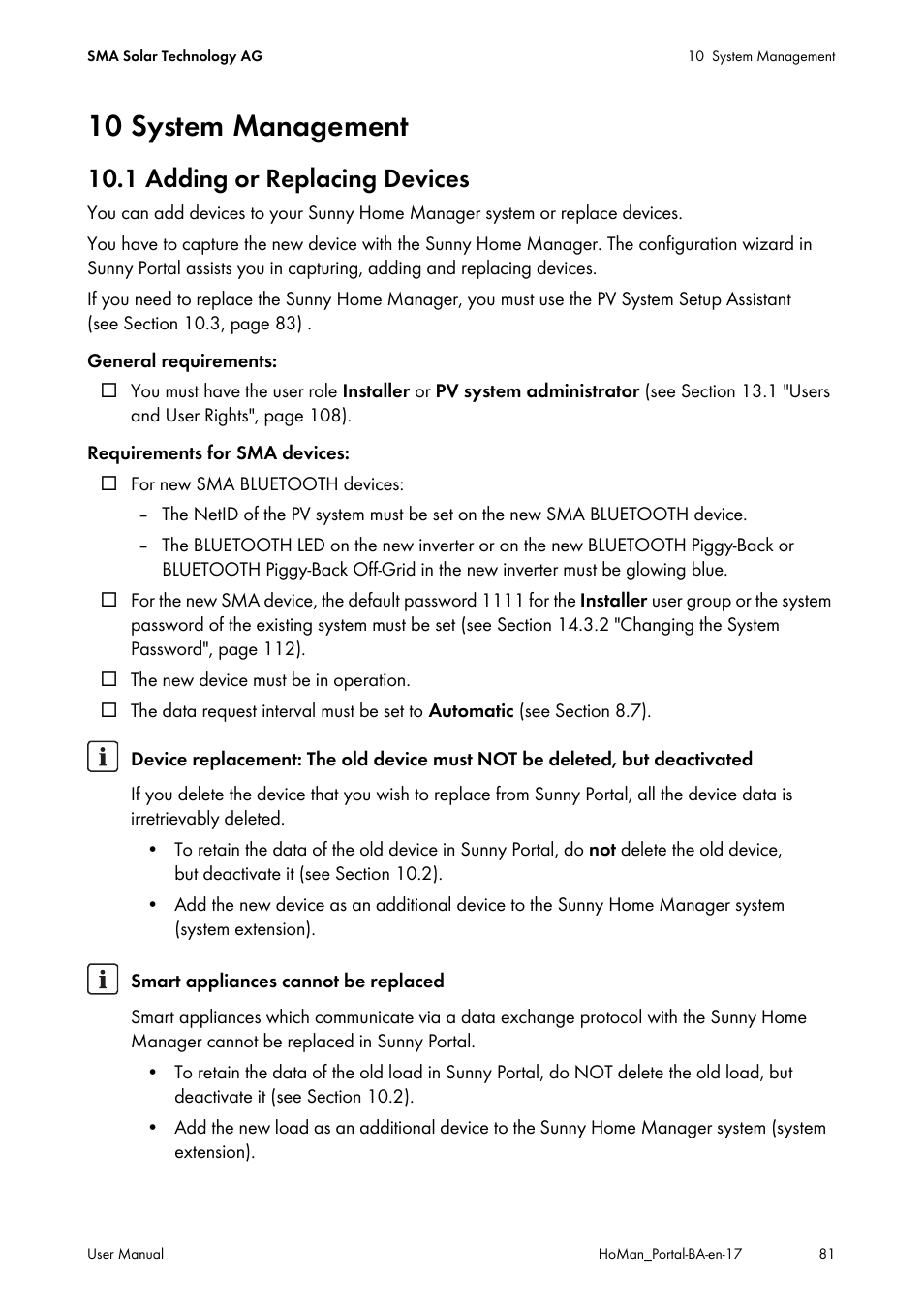 10 system management, 1 adding or replacing devices, L (see section 10.1 "adding | SMA SUNNY HOME MANAGER User Manual | Page 81 / 132