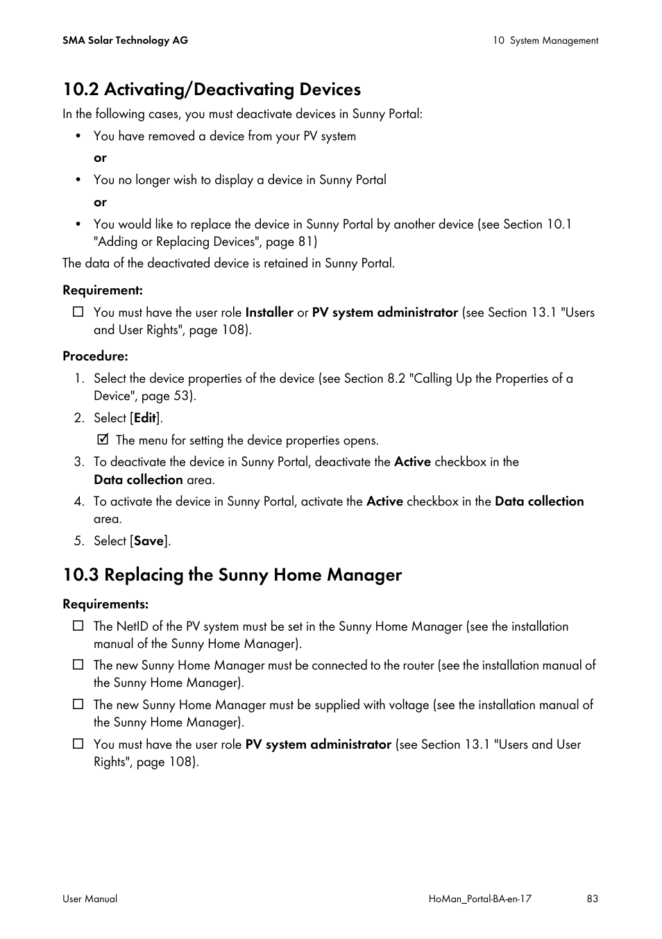 2 activating/deactivating devices, 3 replacing the sunny home manager, T deactivate it (see section 10.2) | See section 10.2) | SMA SUNNY HOME MANAGER User Manual | Page 83 / 132