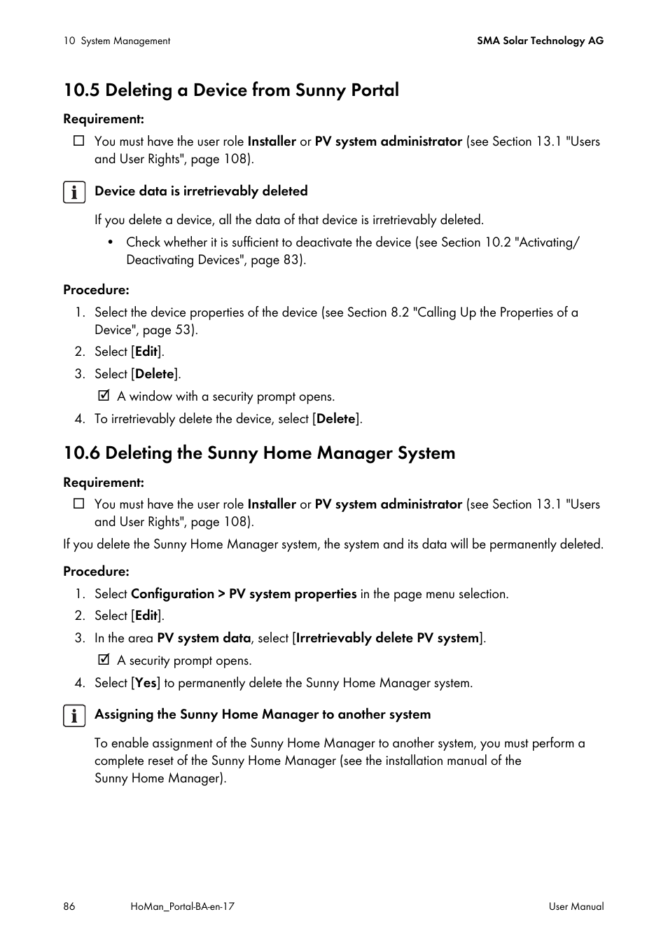 5 deleting a device from sunny portal, 6 deleting the sunny home manager system | SMA SUNNY HOME MANAGER User Manual | Page 86 / 132